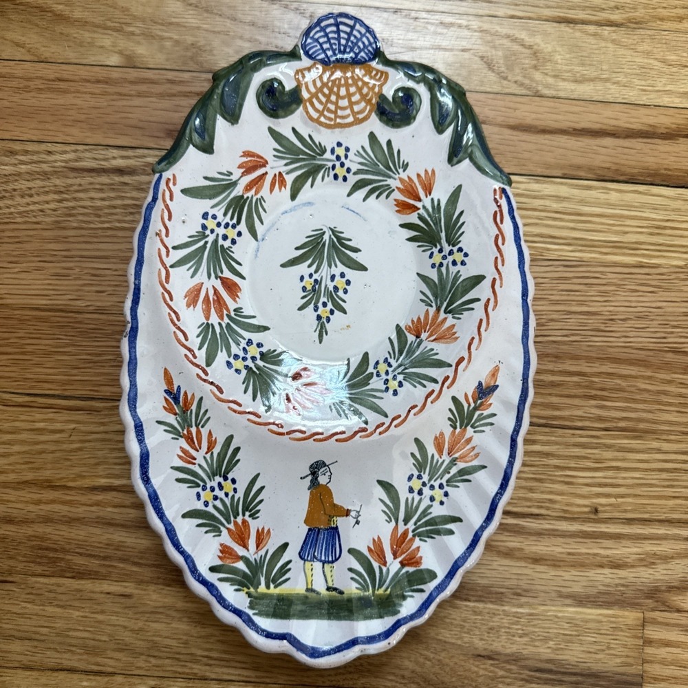 Hand-Painted Floral Oval Serving Dish in White, Green & Orange